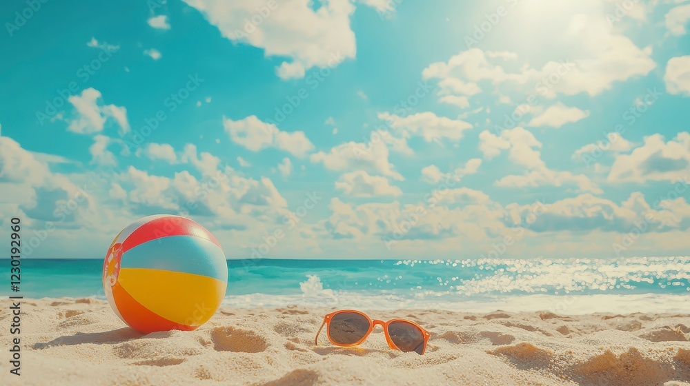 Colorful Beach Ball and Sunglasses on Serene Sandy Beach Colorful Beach Ball and Sunglasses on Serene Sandy Beach
