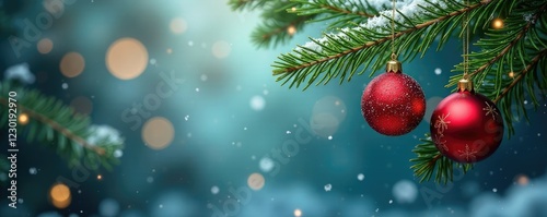 Fir branches with ornaments and garlands hanging from them like icicles, festive, holiday photo