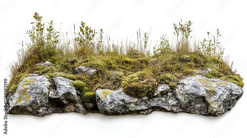 Rocky Landscape with Moss and Grass on Isolated White Background Rocky Landscape with Moss and Grass on Isolated White Background
