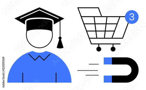 Graduate avatar with cap, shopping cart with three items indicator, blue magnet attracting lines. Ideal for education, online shopping, customer retention, marketing, knowledge absorption, academic