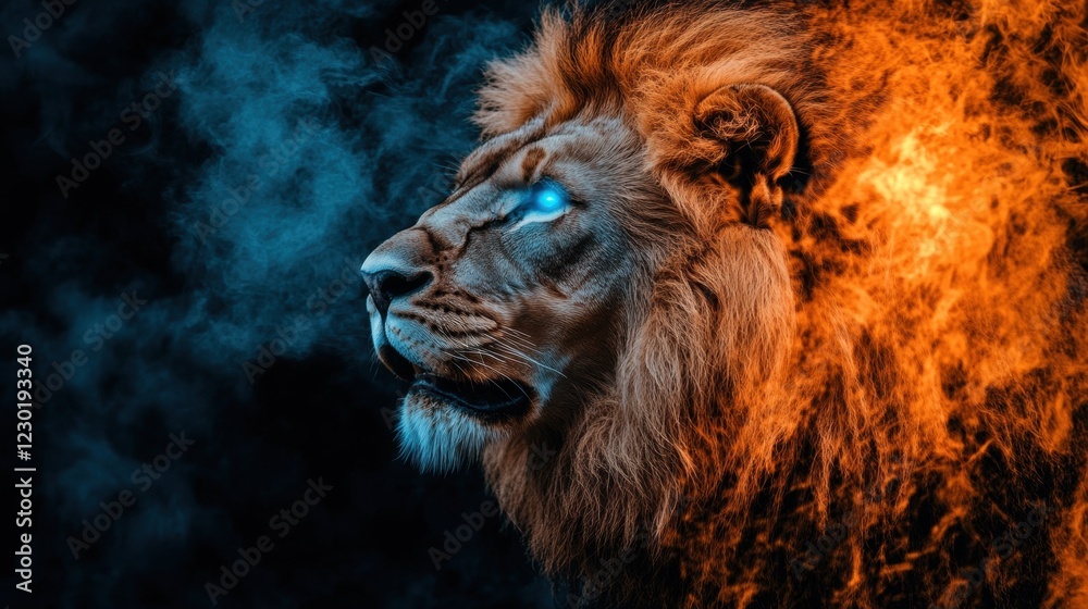 Naklejka premium Majestic Lion Surrounded by Fire and Ice with Glowing Blue Eyes