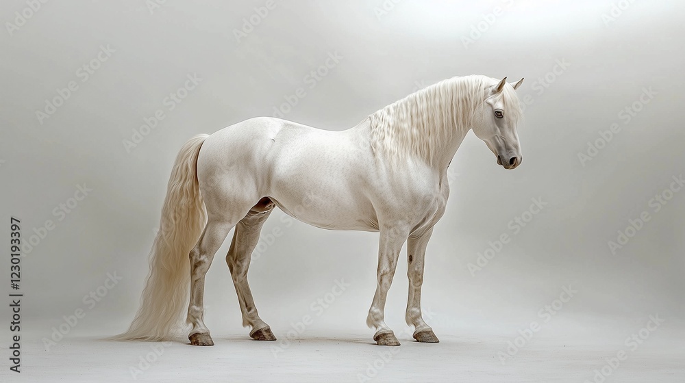 White Lipizzaner horse standing in studio lighting. White Lipizzaner horse standing in studio lighting.