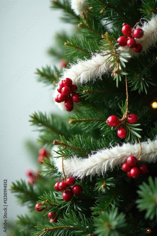Fototapeta premium Evergreen sprigs and holly berries add depth to a stunning white garland wrapped around a majestic fir tree, , foliage, garland