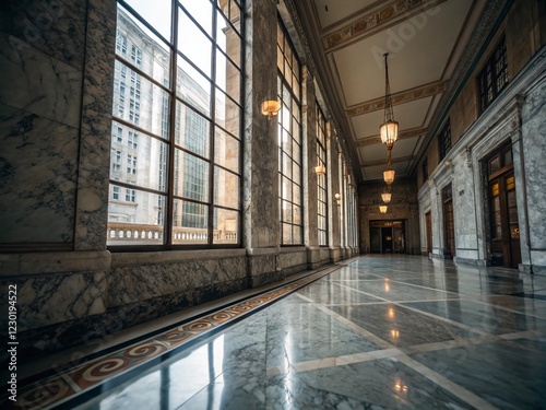 Grand Marble Hallway with Reflective Window Panels - Urban Exploration Architecture photo