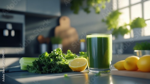 Green smoothie ingredients on kitchen counter, sunlight photo