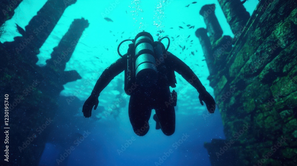 Fototapeta premium A diver explores an underwater scene, surrounded by ancient ruins and vibrant marine life in a serene blue ocean setting.