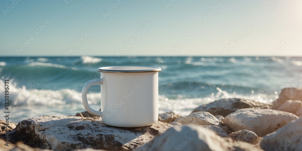 White Enamel Mug on Rocky Shore with Ocean Background in Daylight White Enamel Mug on Rocky Shore with Ocean Background in Daylight