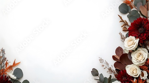 Fototapeta Naklejka Na Ścianę i Meble -  White background with red and cream flowers corner border.
