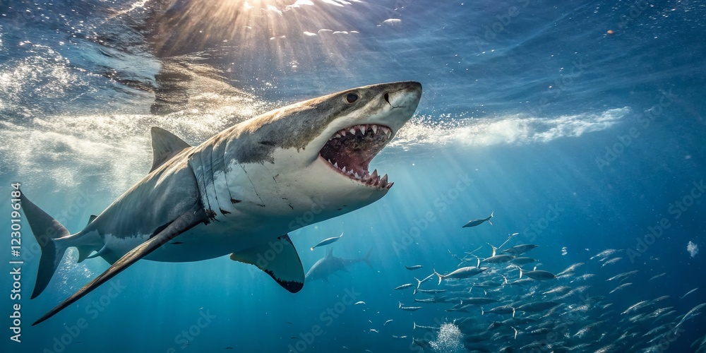 Fototapeta premium Great White Shark Underwater, Jaws Open Wide, Aerial View Stock Photo