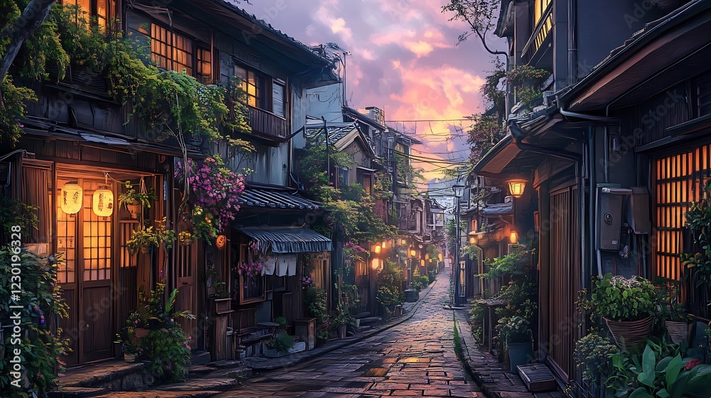 Fototapeta premium Street lit at dusk, old buildings, sky view