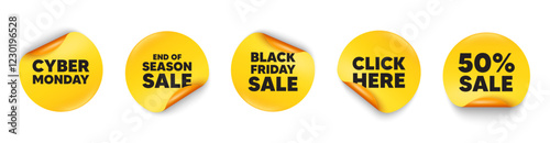 Cyber monday sticker tag. 50 percent discount, Black friday paper price banners. Cyber Monday Sale tag. Special offer price sign. Advertising Discounts symbol. Click here sticker. Vector