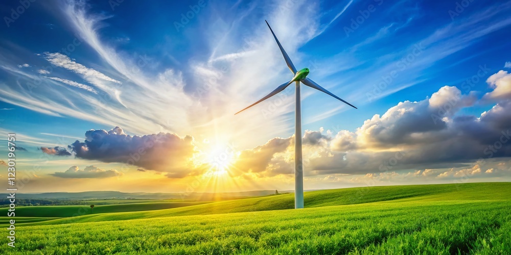 Obraz premium Green Energy: Wind Turbine in a Sunny Field - Eco-Friendly Power Generation