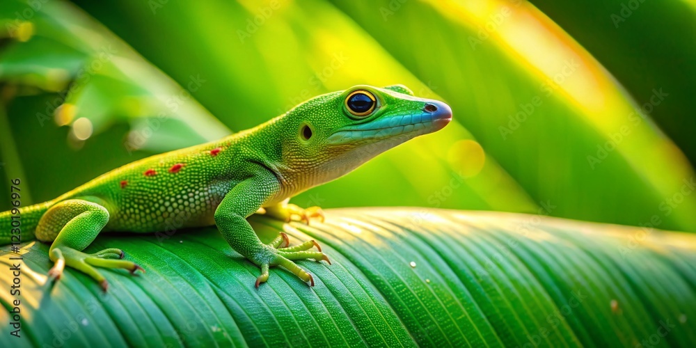 Fototapeta premium Green Gecko on Lush Banana Leaf - Candid Wildlife Photography