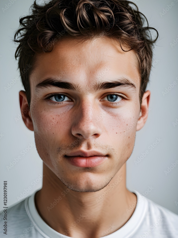 Fototapeta premium A close-up portrait of a young man with curly hair and blue eyes and looking directly at the viewer