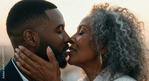 Romantic afro-american couple sharing intimate moment at sunset