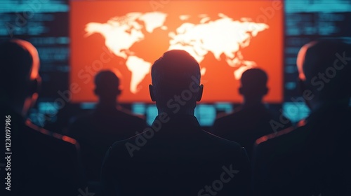 Strategic cybersecurity meeting global headquarters digital environment dark mood tactical planning