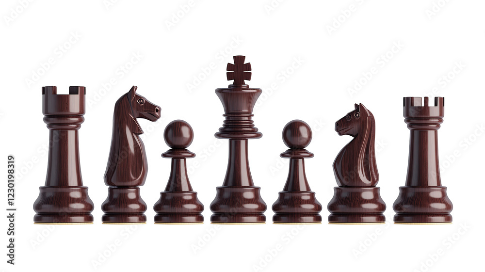 Isolated Dark Wooden Chess Pieces in a Row Isolated Dark Wooden Chess Pieces in a Row