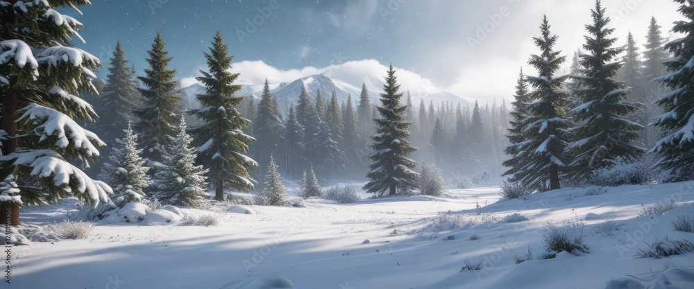 Obraz premium Snow-covered landscape with evergreen trees and snowflakes falling from the sky, snowflakes, frosty atmosphere, frozen lake