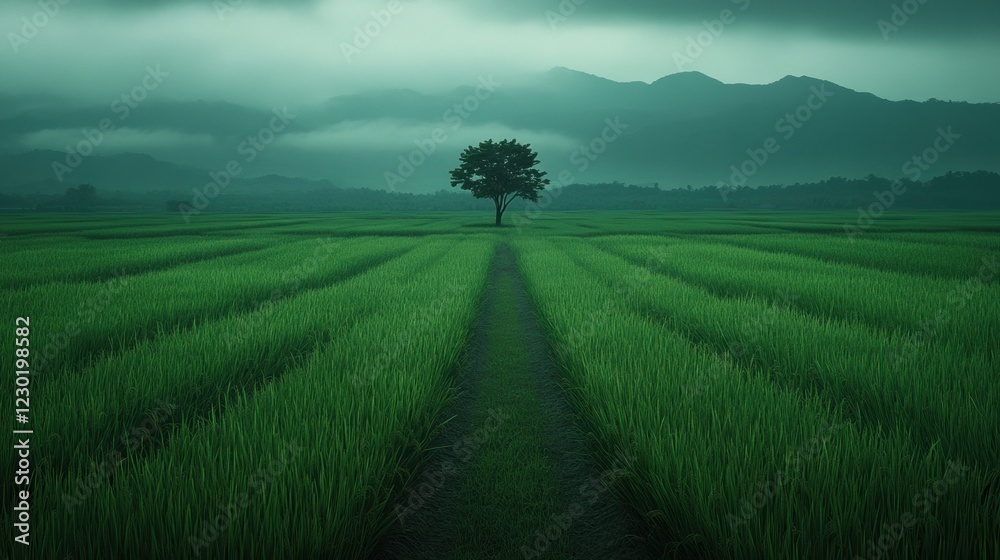 Fototapeta premium Tranquil Green Landscape with Lone Tree and Misty Mountains