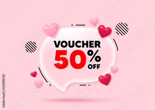 Coupon glass speech bubble. Social media concept. Voucher 50 percent off sale. Special offer coupon sign. Black friday discount symbol. 3d hearts love speech bubble. Vector