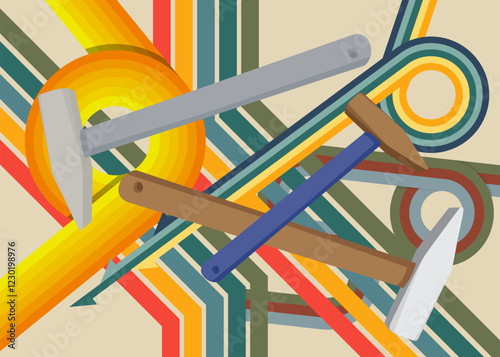 Retro 70s Background with Hammer. Groovy Construction 1970s art template. Minimalistic Vintage design poster. Old-fashioned color artwork.