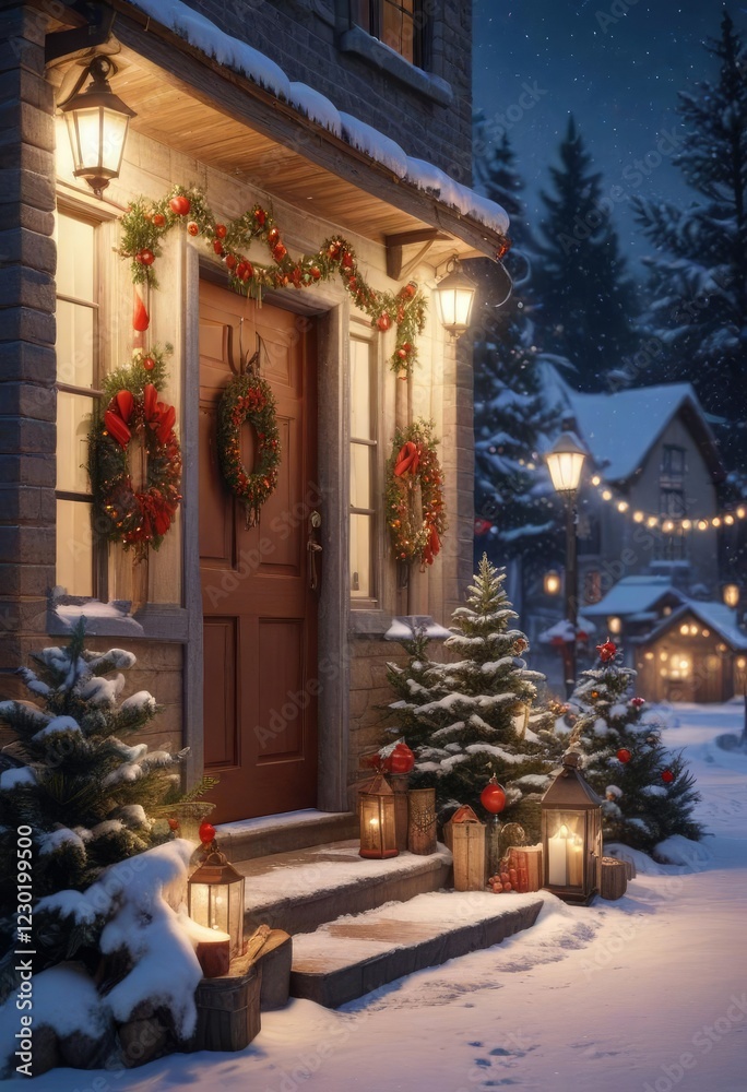 Fototapeta premium Snowy outdoor scene with Christmas Eve decorations, Snowflakes, Festive Lights