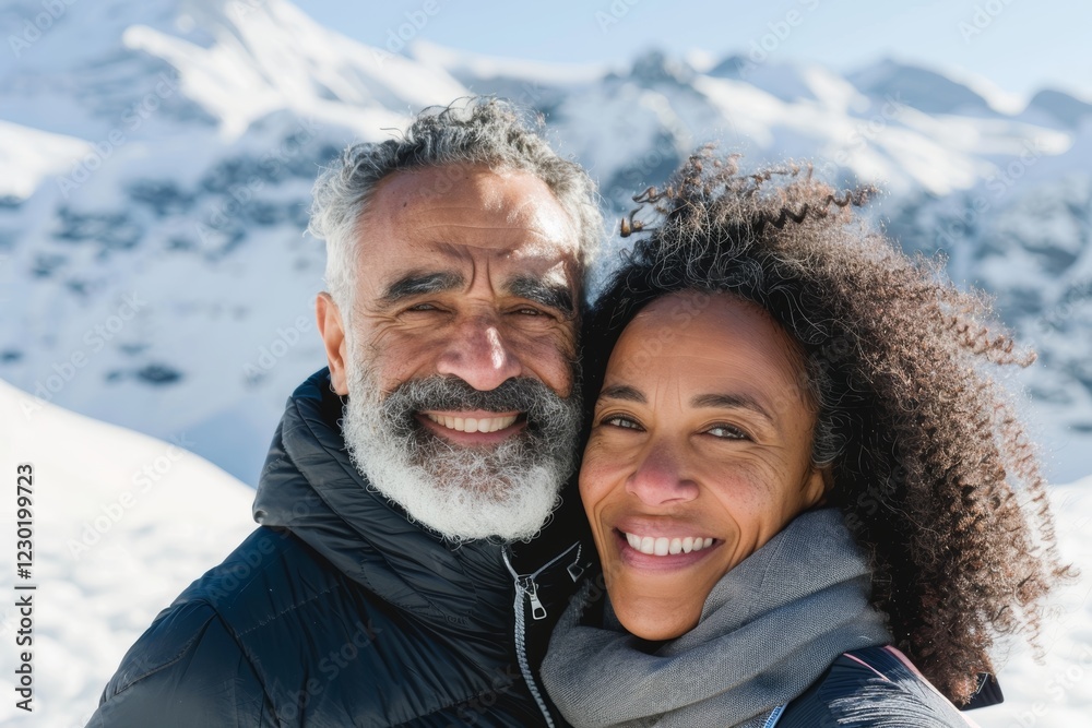 Portrait of a glad mixed race couple in their 50s sporting a breathable mesh jersey in pristine snowy mountain Portrait of a glad mixed race couple in their 50s sporting a breathable mesh jersey in pristine snowy mountain