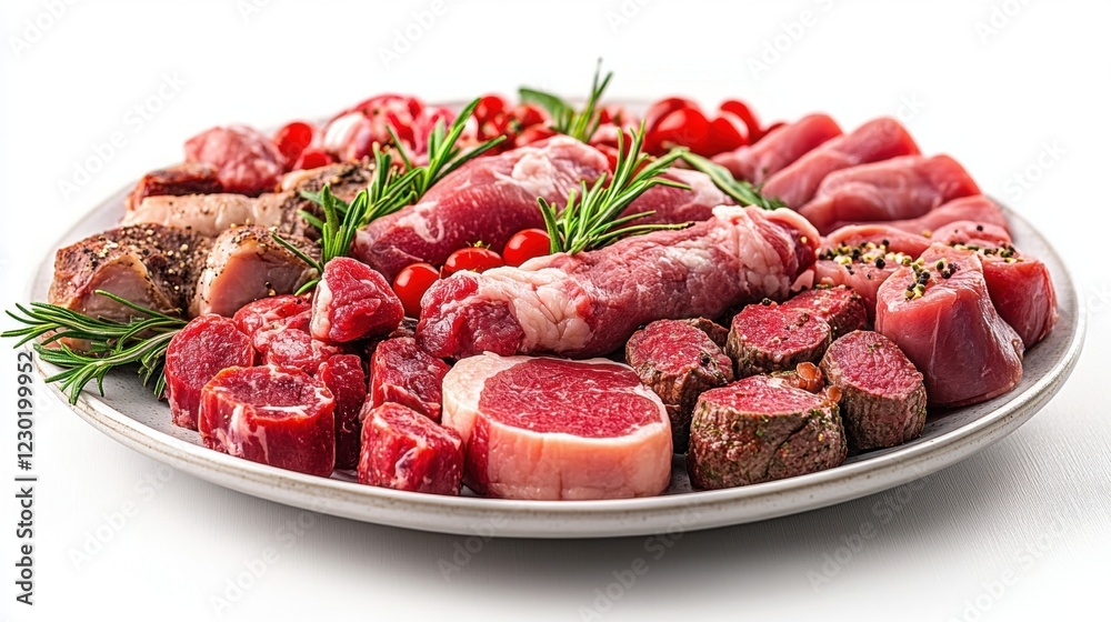 Fresh Assortment of Raw Meat and Herbs on White Plate Fresh Assortment of Raw Meat and Herbs on White Plate