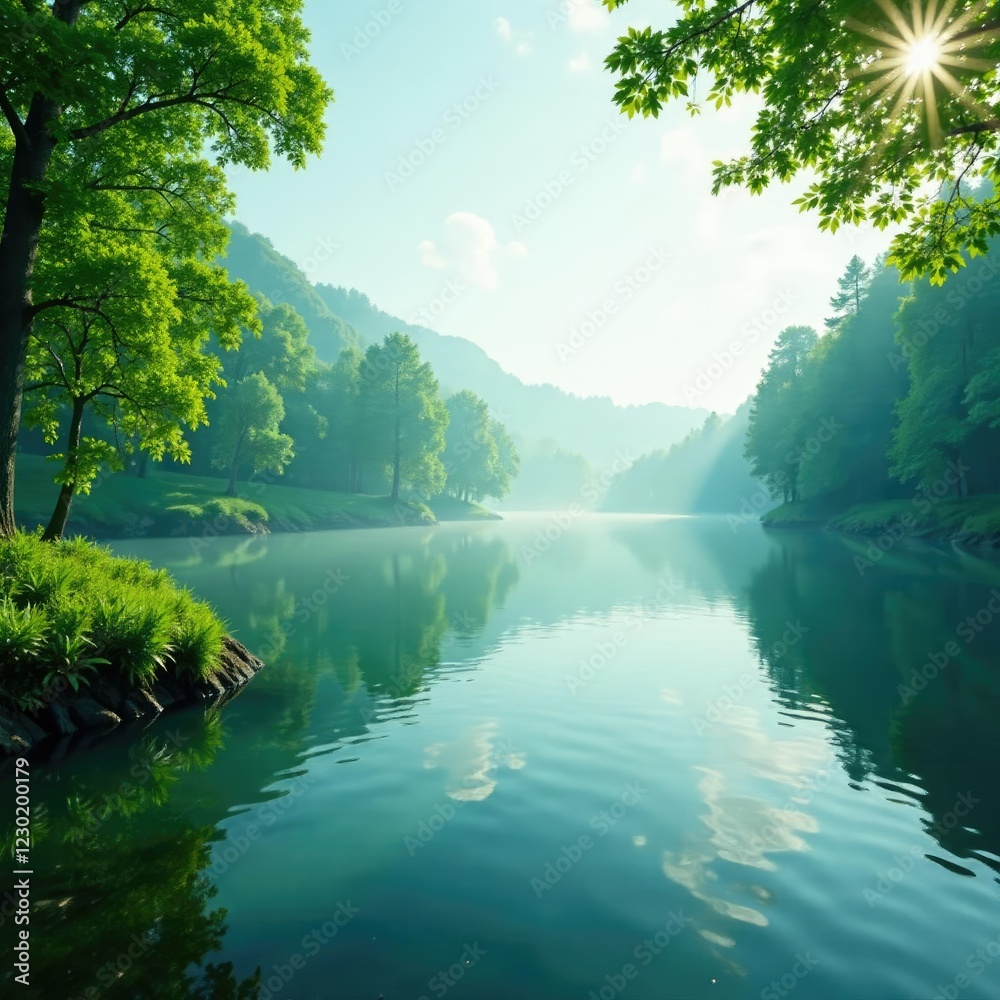 Serene lake with lush greenery and misty morning atmosphere, serenity, morning Serene lake with lush greenery and misty morning atmosphere, serenity, morning