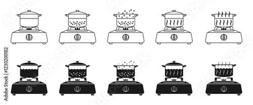 cooking pot on gas burner icon set vector illustration isolated on white background.