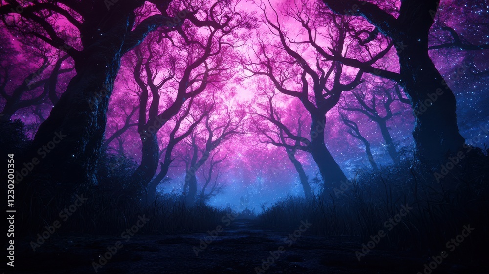 A mesmerizing forest scene illuminated by vibrant purple and blue hues, creating an ethereal and enchanting atmosphere.