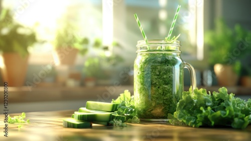 Green smoothie in mason jar, kitchen setting, sunlight photo