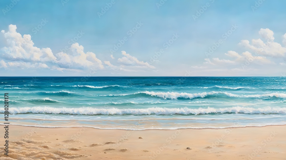 Breathtaking coastal landscape featuring a pristine sandy beach crystal clear turquoise waters and a tranquil sky with fluffy white clouds Breathtaking coastal landscape featuring a pristine sandy beach crystal clear turquoise waters and a tranquil sky with fluffy white clouds