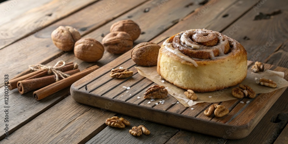 Fototapeta premium Softly glowing cinnamon roll with goSoftly glowing cinnamon roll with goWooden planks arranged to contain walnuts and their shells, wooden floor, container, arrangement