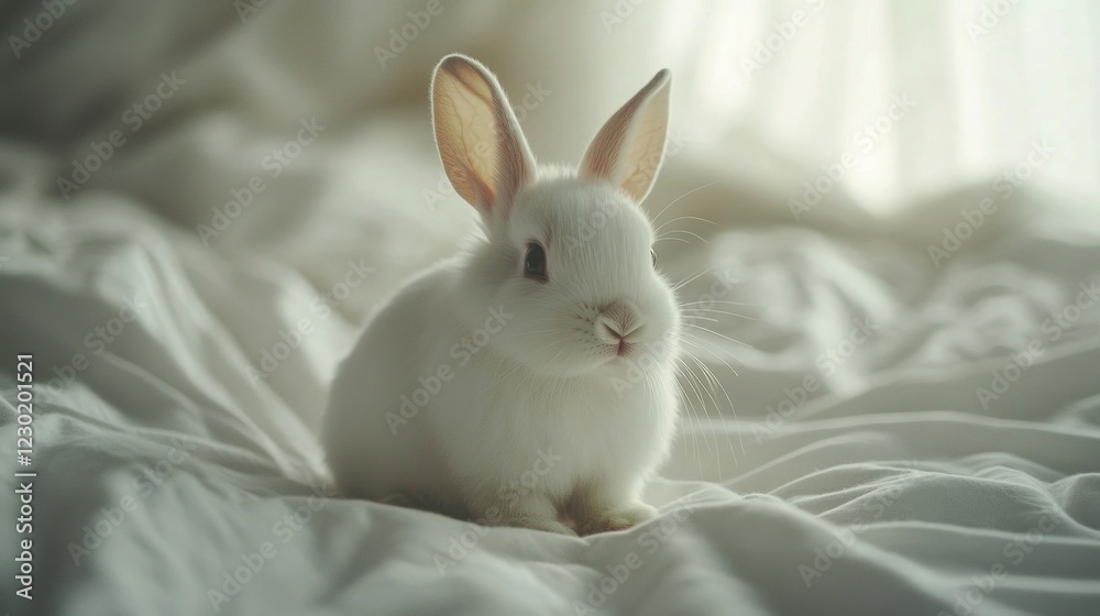 A white, cute bunny sitting on a white background, hyper-realistic photography A white, cute bunny sitting on a white background, hyper-realistic photography