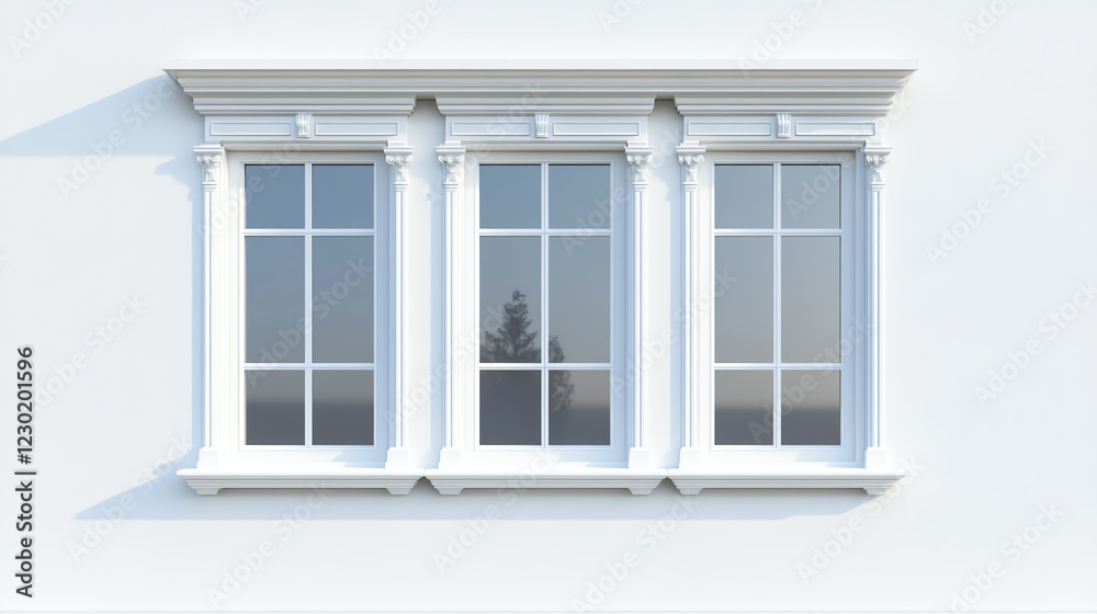 Fototapeta premium A classic Palladianstyle window with three sections and white trim displayed on a plain white wall front view highlighting architectural beauty futuristic tone complementary color