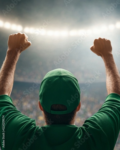 Dynamic Sports Celebration Vibrant Enthusiast in Green Jersey in Stadium with Radiant Lights - Energy Content and Fan Engagement for Digital Marketing