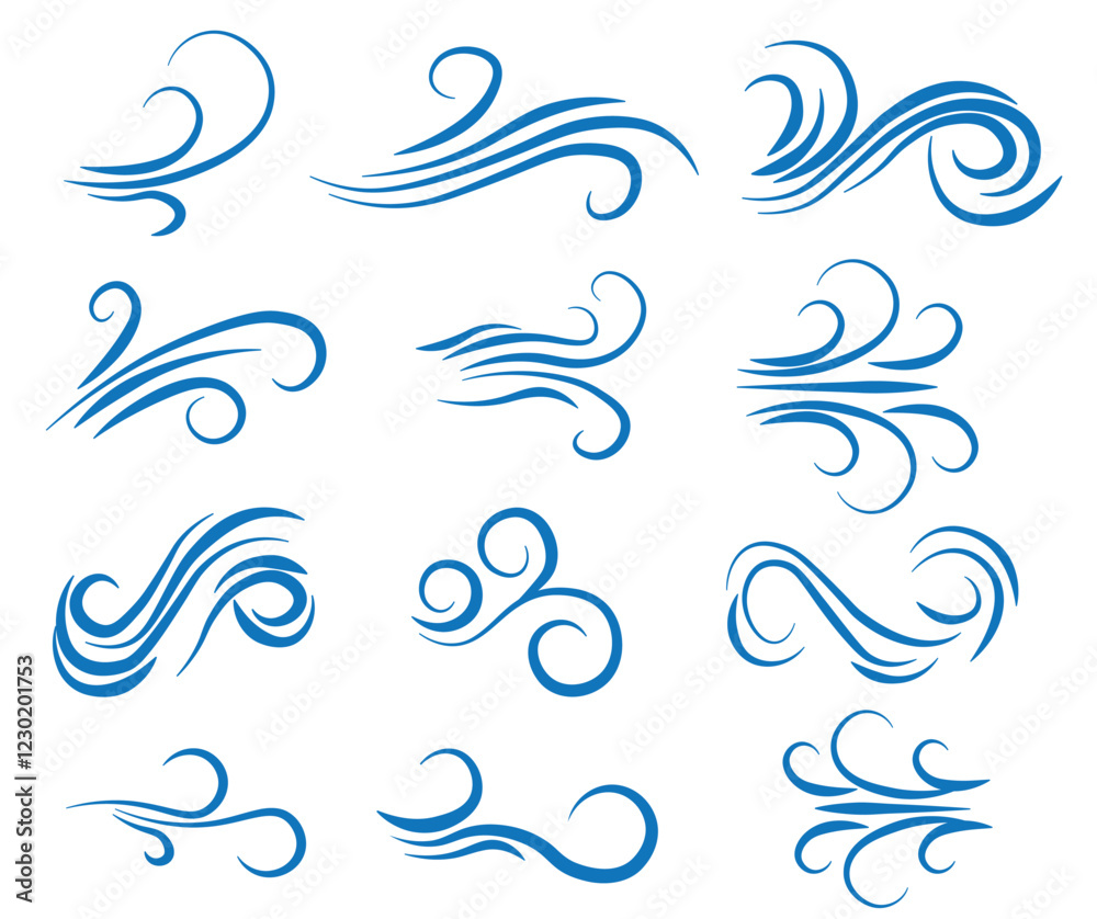 Wind air flow, flowing row elements, doodle wind line set, hand drawn doodle wind motion vector illustration Wind air flow, flowing row elements, doodle wind line set, hand drawn doodle wind motion vector illustration