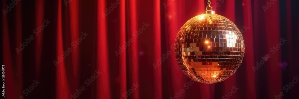 Obraz premium Sparkling disco ball with a gold chain hanging from a velvet curtain, opulent, chain, golden