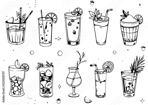 Illustration for drinks cards, bar and wedding menus, cards and website graphics