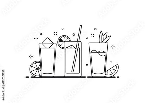 Mojito, Gin & Tonic, beach, Bloody Mary. Set of popular alcoholic cocktails in linear style. Illustration for drinks cards, bar and wedding menus, cards and website graphics
