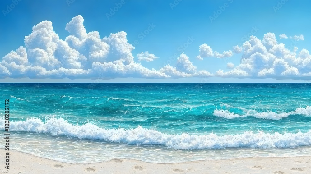 Fototapeta premium Mesmerizing view of turquoise ocean waves crashing gently on a pristine sandy beach under a bright blue sky dotted with fluffy white clouds