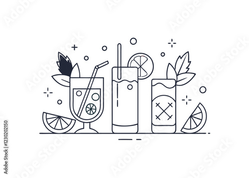Mojito, Gin & Tonic, beach, Bloody Mary. Set of popular alcoholic cocktails in linear style. Illustration for drinks cards, bar and wedding menus, cards and website graphics