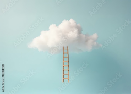 Wooden ladder reaching to fluffy white cloud against mint bluebackdrop. Dreamlike cartoon-inspired atmosphere. Metaphor: daydreaming, personal development, mental health and wellness.
 photo