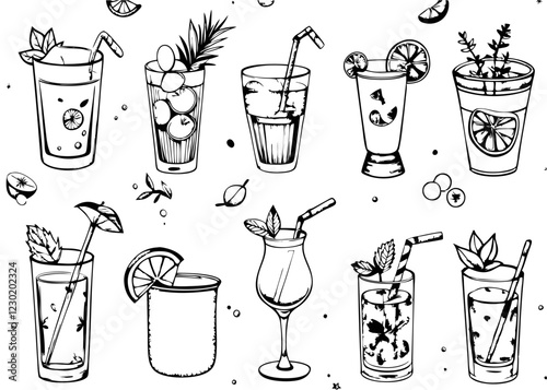 Set of cocktails. Vector illustration of pretty drinks in different types of glasses. Summer cocktails in different types of glasses vector icon isolated on white background