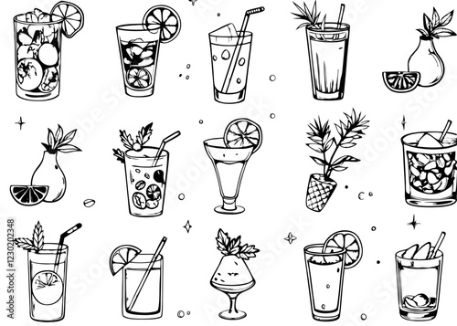 Set of cocktails. Vector illustration of pretty drinks in different types of glasses. Summer cocktails in different types of glasses vector icon isolated on white background