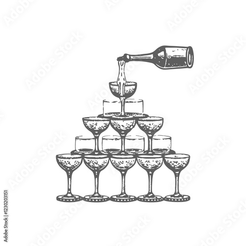 Slide champagne fountain pyramid cascade martini alcohol cocktails continuous line hand sketch portrait, logo, element. Vector illustration