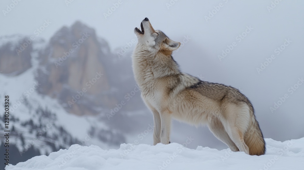Fototapeta premium Snowy Landscape with Howling Wolf in Majestic Mountain Setting