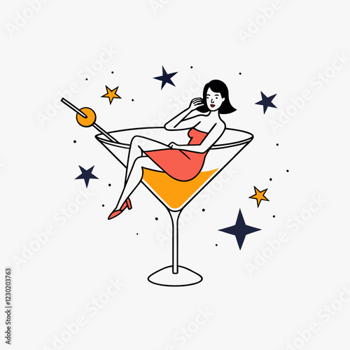 Beautiful girl in cocktail glass isolated on white. Pin up style burlesque dancer holding martini glass vector icon isolated on white background