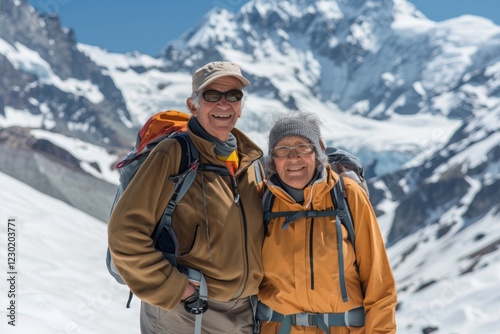 Portrait of a blissful latino couple in their 80s sporting a breathable hiking shirt isolated on pristine snowy mountain photo